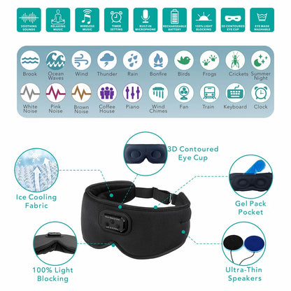 Sleep Mask with White Noise and Timer Bluetooth 6.0 Sleep Headphones 3D Eye Mask with Cooling Fabric and Ultra Thin Speakers